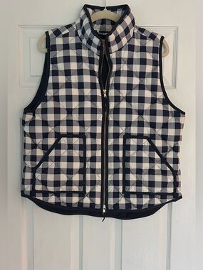 J. Crew Quilted Vest Size XL Blue Cream Plaid Down Filled